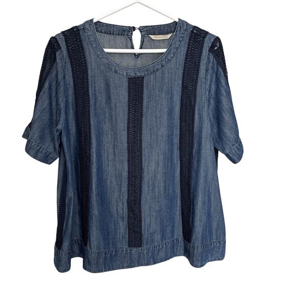 Soft Surroundings | Lapiza Crochet Stripe Chambray Top Dark Wash Blue Medium - Picture 2 of 8